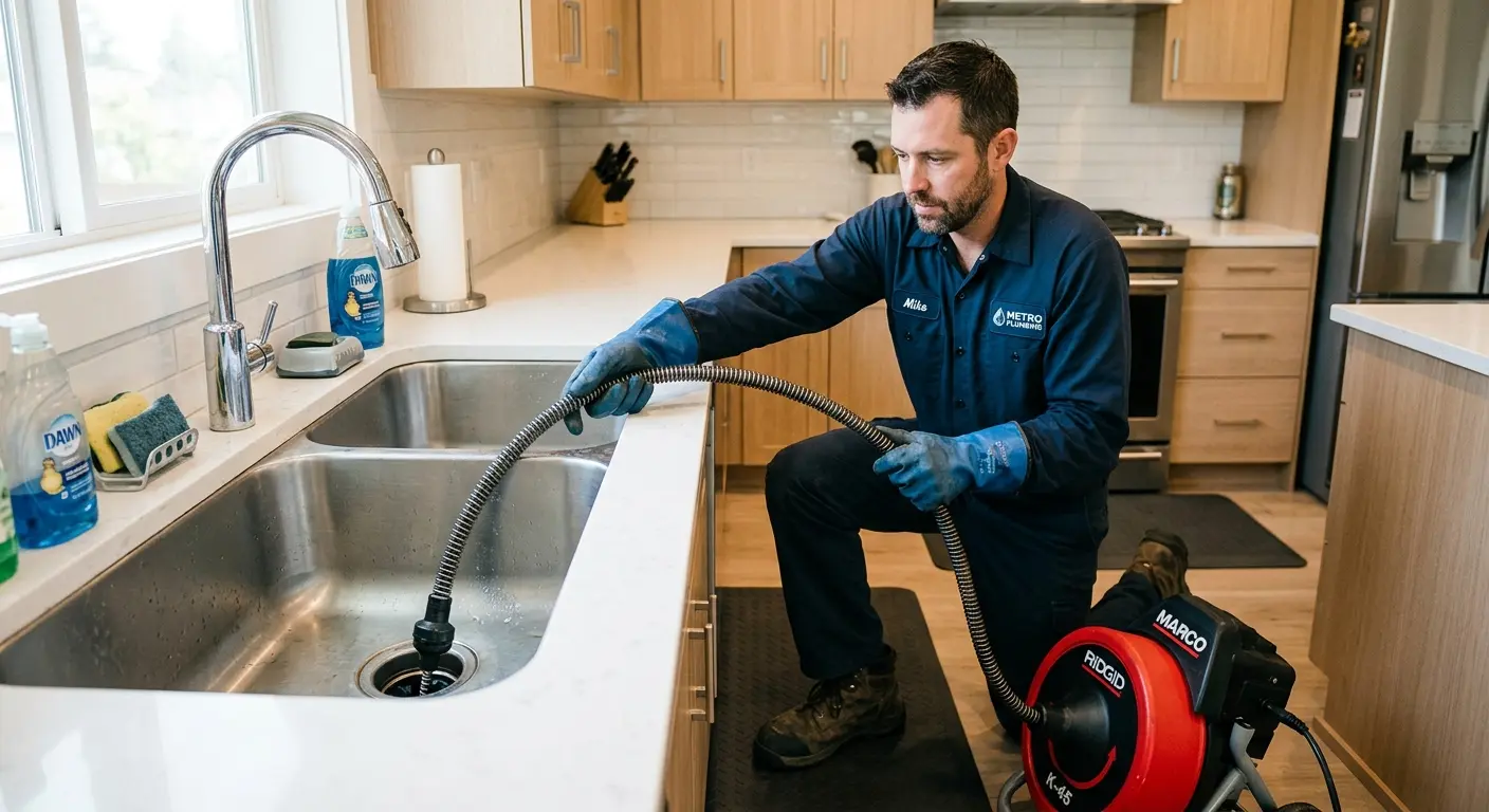 Drain cleaning technician using a motorized snake on a kitchen sink in Putnam