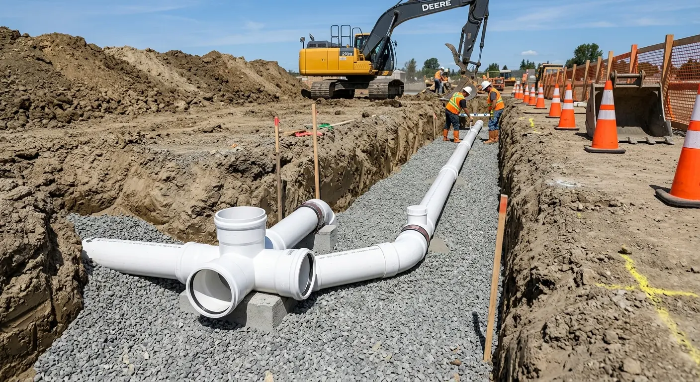 New PVC sewer pipe installation in open trench for Commercial Drain Cleaning in Putnam