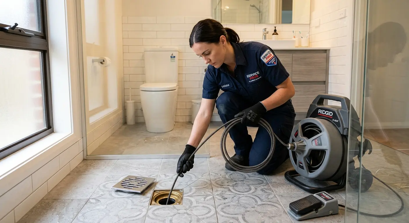 Technician clearing a bathroom floor drain for Hydro Jetting in Putnam